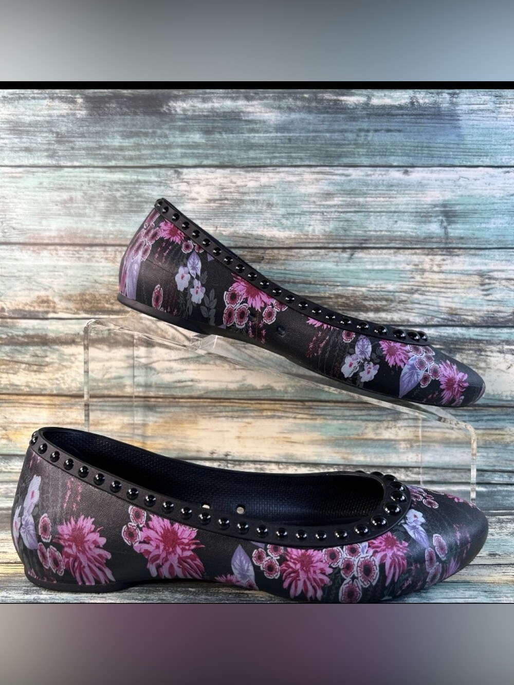 Crocs Womens Lina Luxe Flats Sz 6 Pink Black Floral Studded Slip On Loafer Shoes